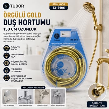 Tudor Th-214 Th-219 ( Gold ) Örgülü Duş Hortumu ( 150cm ) ( Vakumlu Ambalaj )