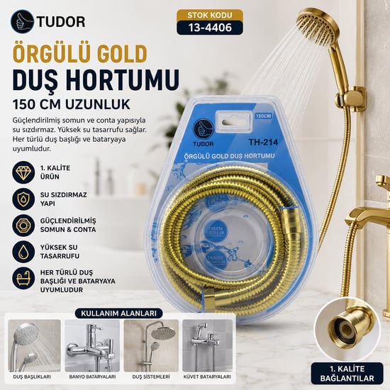 Tudor Th-214 Th-219 ( Gold ) Örgülü Duş Hortumu ( 150cm ) ( Vakumlu Ambalaj )