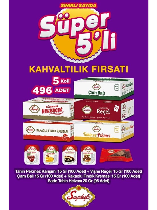 Seyidoğlu Doğal Lezzetler Kahvaltı Seti – Çam Balı, Fındık Kreması, Vişne Reçeli, Tahin Helva, Tahin