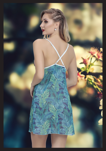 Kirlinova Mavi Yaprak Desenli Fantezi Gecelik S1363