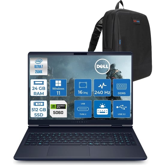 Dell Alienware 16x Aurora Core Ultra 7 255hx Aı 24gb 512gb Ssd 8gb/rtx5060 Gddr7 115w 16" Wqxga 240h