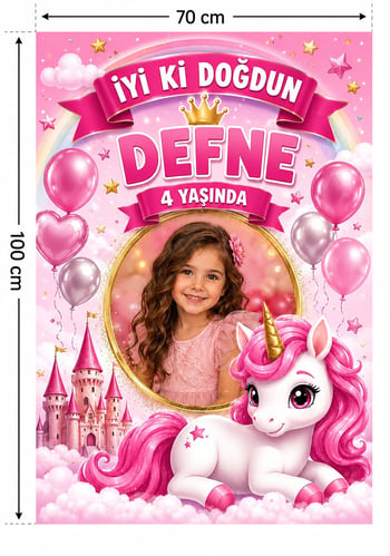 Unicorn Fotoğraflı Pembe 70x100 Cm Parti Afişi Branda