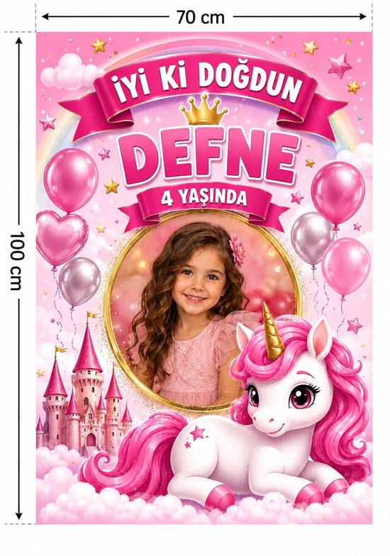 Unicorn Fotoğraflı Pembe 70x100 Cm Parti Afişi Branda