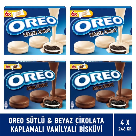 Oreo 2 Paket Sütlü & Beyaz Çikolata Kaplamalı 2 Paket Vanilyalı Bisküvi 246 Gr 4'lü Paket