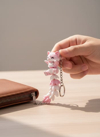 Kuyruklu Pembe Kedi Figürlü Hareketli Anahtarlık