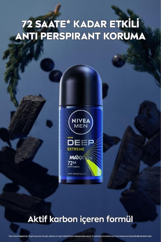 Nıvea Men Erkek Roll-on Deodorant Deep Extreme 50ml, 72 Saat Anti-perspirant Ter Koruma, Yeni Enerji