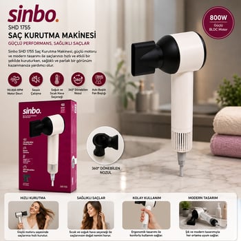 Sinbo Shd-1755 ( Beyaz ) Saç Kurutma Makinesi ( 110.000 Rpm ) ( Sessiz Çalışma & 3 Hız - Sıcaklık Ayar )