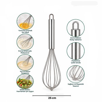 İ22-059 ( 25cm ) ( Krom Saplı ) Çelik Metal Çırpıcı ( Çırpıcı: 13.5cm + Sap: 11.5cm Toplam )