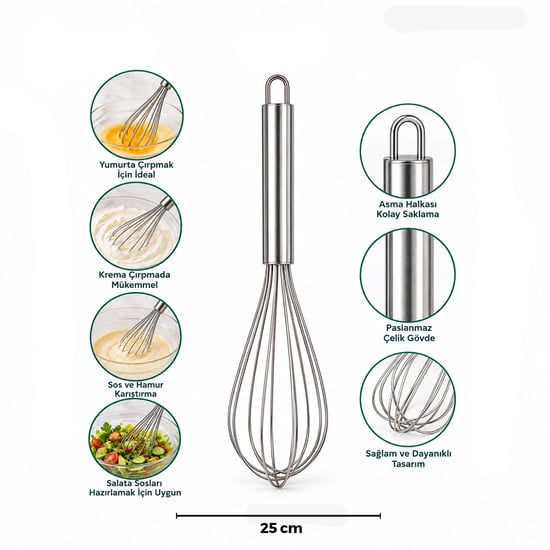 İ22-059 ( 25cm ) ( Krom Saplı ) Çelik Metal Çırpıcı ( Çırpıcı: 13.5cm + Sap: 11.5cm Toplam )