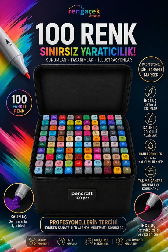 Fabess 100 ‘ Lü Çift Taraflı Marker Kalem Seti – Profesyonel Çizim ve Boyama Kalemleri