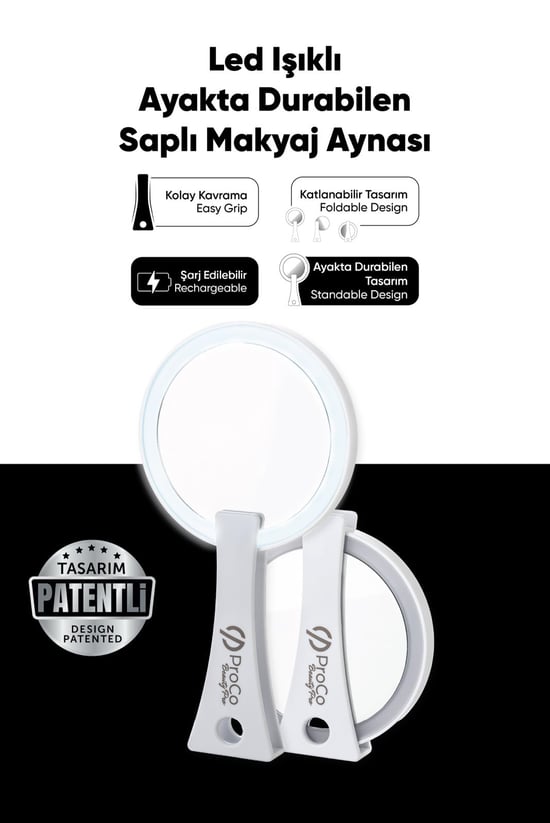Proco Beauty Pro Led Işıklı Ayakta Durabilen Makyaj Aynası - Şarj Edilebilir Uzun Ömürlü Kullanım ( Beyaz, Pembe)