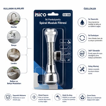 İ13-136 Musluk Ucu Filtresi ( 2 Fonksiyonlu ) ( Spiralli Yaylı & 360° Derece Dönebilen Başlık ) ( 16-19mm Caşlık Çapı )