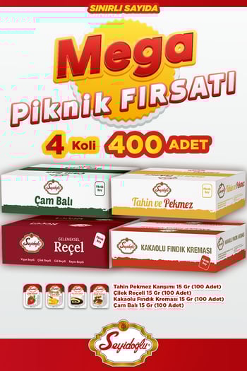 Seyidoğlu Çam Balı, Fındık Kreması, Çilek Reçeli ve Tahin Pekmez 15 gr x100'lük Mini Paket Seti