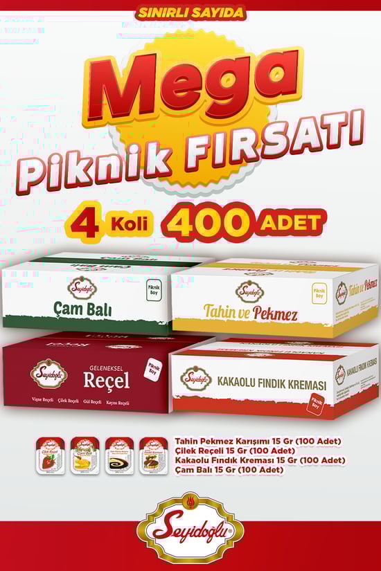 Seyidoğlu Çam Balı, Fındık Kreması, Çilek Reçeli ve Tahin Pekmez 15 gr x100'lük Mini Paket Seti