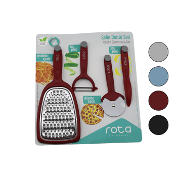 Rota Rt-326 ( Şefin 4lü Seti ) (1-çift Taraflı Rende & 1-pizza Ruleti & 1-sapan Soyacak & 1-kalem Soyacak )(renkli Pls.saplı)