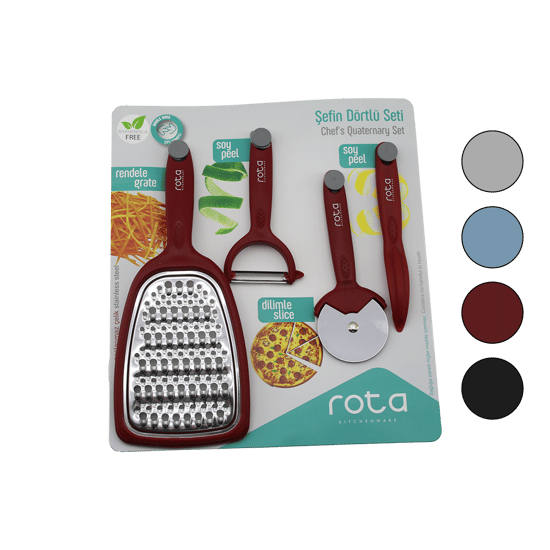 Rota Rt-326 ( Şefin 4lü Seti ) (1-çift Taraflı Rende & 1-pizza Ruleti & 1-sapan Soyacak & 1-kalem Soyacak )(renkli Pls.saplı)