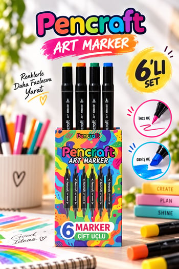 Fabess Pencraft Marker Boyama Kalemi 6’lı Set – Çift Uçlu, Canlı Renkler, Profesyonel Çizim Kalemi