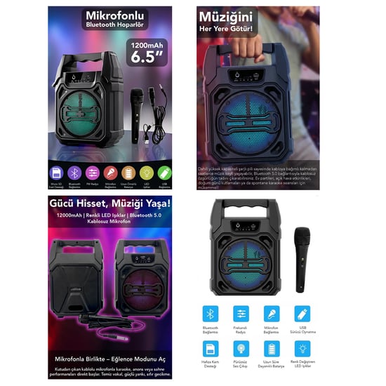 Fantastic Quality Q-max Ps-1283 ( 6.5'' ) Bluetooth Wireless Mikrofonlu Hoparlör & Speaker ( Usb Sarjlı ) ( Aux & Tf & Usb)