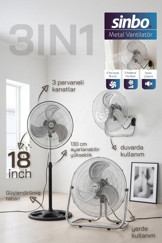 Sinbo Sf-6790 Vantilatör 18 İnç 90w 3’ü 1 Arada Ayaklı Duvar Tipi Güçlü Fan