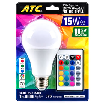 Atc ( Kumandalı & Rgb ) ( 15w=90w & E27 ) Led Ampul ( 1100lm ) ( 15000 Saat Ömür )