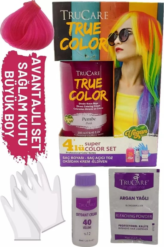 Trucare Truecolor Pembe Saç Boyası Seti Saç Açıcı ve Eldivenli