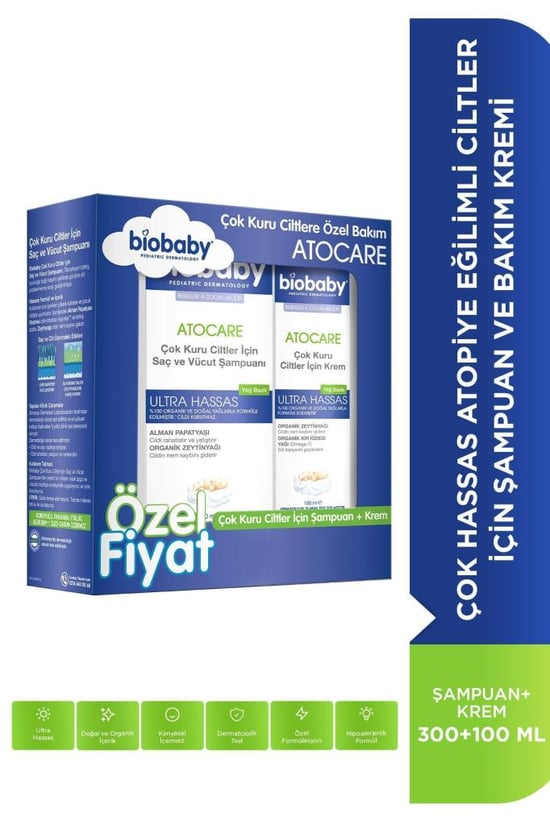 Biobaby Kuru ve Atopik Ciltler için Şampuan 300 Ml + Krem 100 Ml Çok Kuru Ciltler Avantajlı Paket