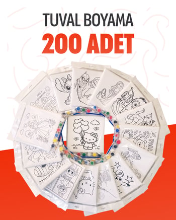 Toptan Çocuk Tuval Boyama Seti 20x20 Cm (200'lü Paket) - 6 Renk Akrilik Boya ve Fırça Hediyeli - Askılı Poşetli Stand Boyu