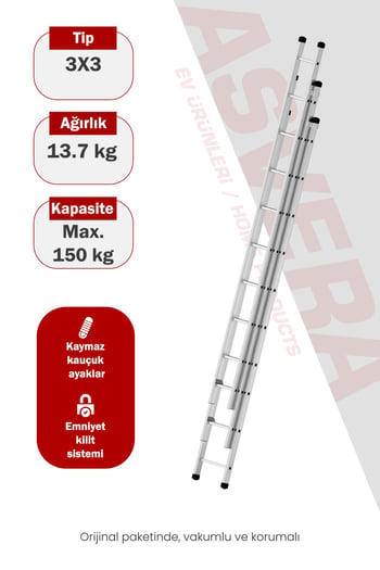 Asvera Endüstriyel 9 Metre 3 Parçalı Alüminyum Merdiven - 1.4 Mm Sürgülü Profesyonel Merdiven