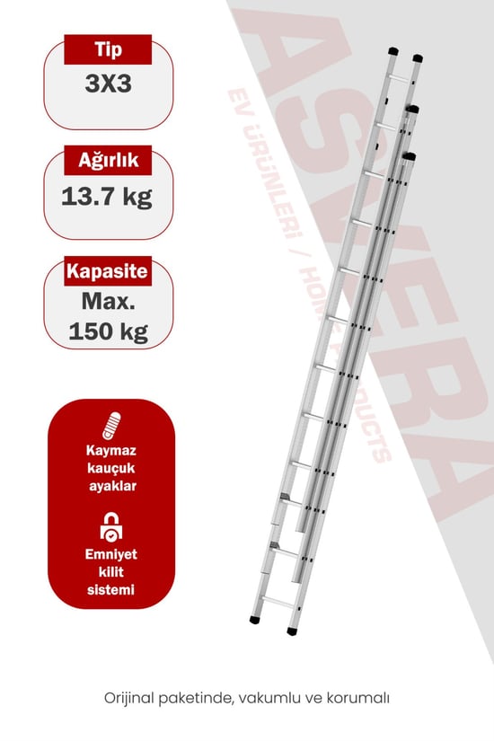 Asvera Endüstriyel 9 Metre 3 Parçalı Alüminyum Merdiven - 1.4 Mm Sürgülü Profesyonel Merdiven