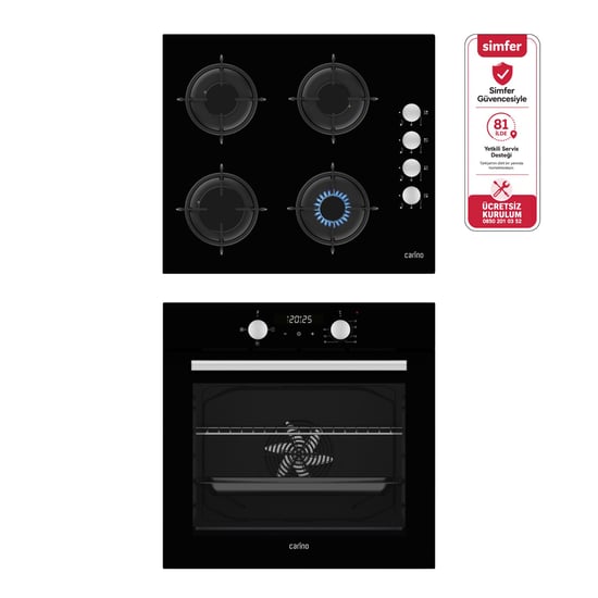 Carino 4 Fonksiyon Dijital Siyah Power Turbo 2'li Cam Ocaklı Ankastre Set (fırın+ocak)