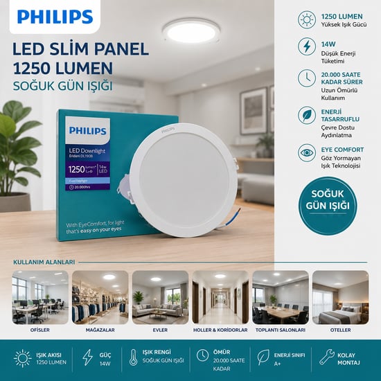 Philips ( 14w ) ( Sıva Altı ) ( Yuvarlak ) Led Slim Panel ( 1250lumen ) ( 20.000 Saat Ömür )