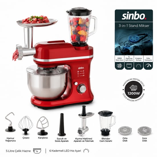 Sinbo Smx-2772 ( Kırmızı ) Standlı Mikser & Blender Seti (3in1)(kıyma Mak. Aparatı)(5 Kadem. Hız Ayar )(4.5lt Hazne & 1.5lt Blender)(1500w)