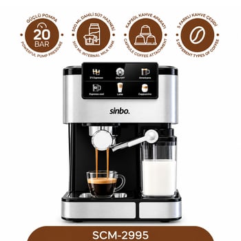 Sinbo Scm-2995 ( Siyah & Krom ) Espresso Kahve Makinesi ( 6 Farklı Kahve ) ( 1.5lt Su Hazne & 500ml Süt Hazne ) 1350w