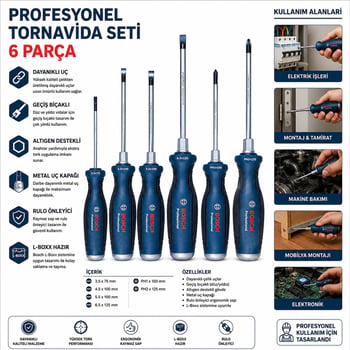 Bosch-1 600 A01 6bf ( 428 ) ( 6pcs ) Profesyonel Tornavida Seti ( Ph2x125 - Ph1x100 - 3.5x75 - 6.5x125 - 5.5x100 - 4.5x100 )