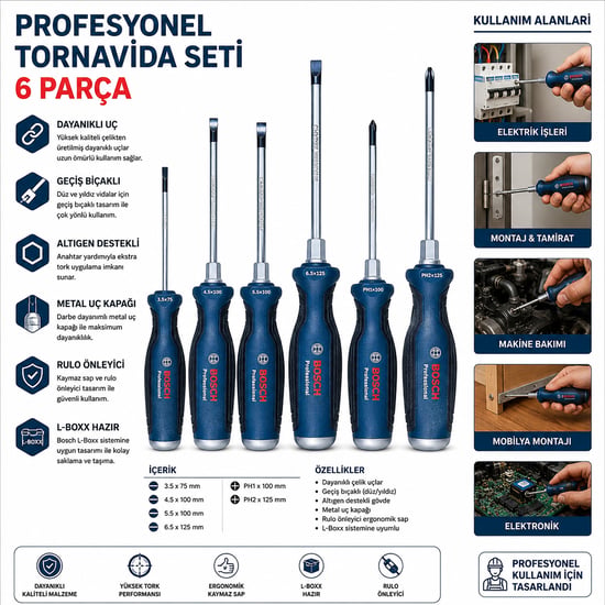Bosch-1 600 A01 6bf ( 428 ) ( 6pcs ) Profesyonel Tornavida Seti ( Ph2x125 - Ph1x100 - 3.5x75 - 6.5x125 - 5.5x100 - 4.5x100 )