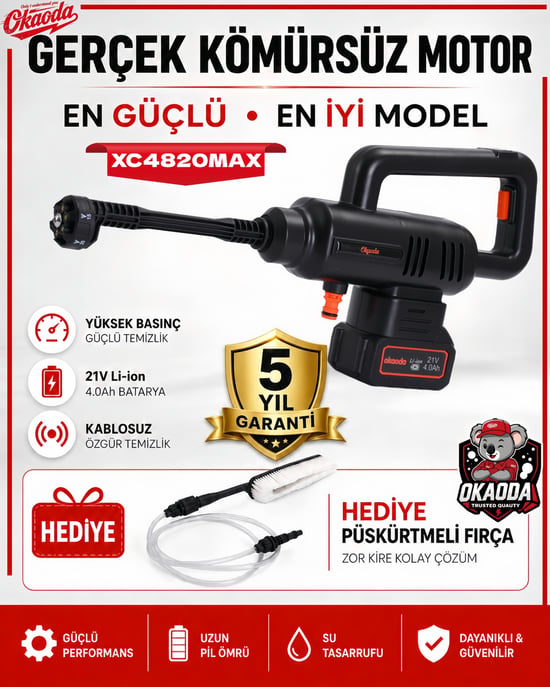 Okaoda 🔥 4820 Fırçasız Motor Çift Pil Şarjlı Yüksek Basınç Oto Araba Yıkama ve Bahçe Temiz Makinesi