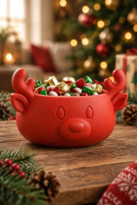 Sonbahar ve Noel Temalı Ren Geyiği Figürlü Bowl - Sunum Kabı Kırmızı