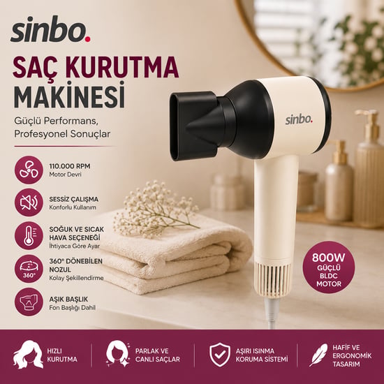 Sinbo Shd-1755 ( Pembe ) Saç Kurutma Makinesi ( 110.000 Rpm ) ( Sessiz Çalışma & 3 Hız - Sıcaklık Ayar )