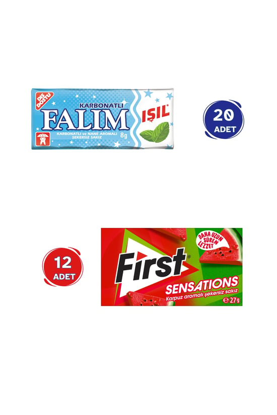 Falım Işıl Karbonatlı & Nane Aromalı Sakız (5'li x 20 Adet)- First Sensations Karpuz Aromalı Sakız (27gr x 12 Adet) - Avantajlı Falım First Paketi