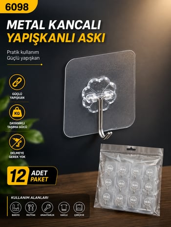 Hagiki Metal Kancalı Tekli Yapışkanlı Askı 12li Paket