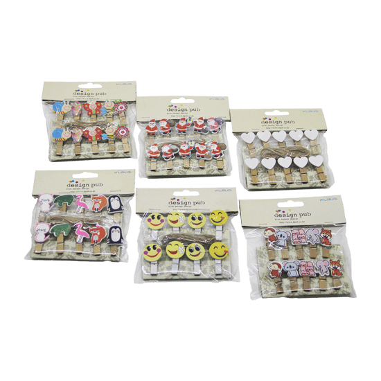 İ12-070 ( 10pcs ) ( Ahşap ) ( Mini Sunum ) Mandalı ( Mix & Figürlü= Kalp & Hayvan & Noel Baba & )