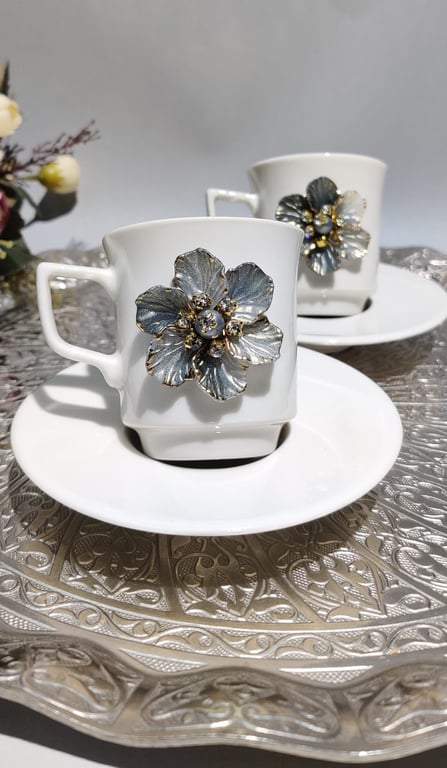 Kirlinova® Gri Çiçek 2'li Fincan Takımı