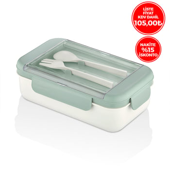 Qlux L-00995 Boutique Beslenme Kabı (renkli Pls.)(2 Bölme) (1100ml)(pls.çatal-kaşık) (s.contalı & Şeffaf Kaşıklıklı Kapak)