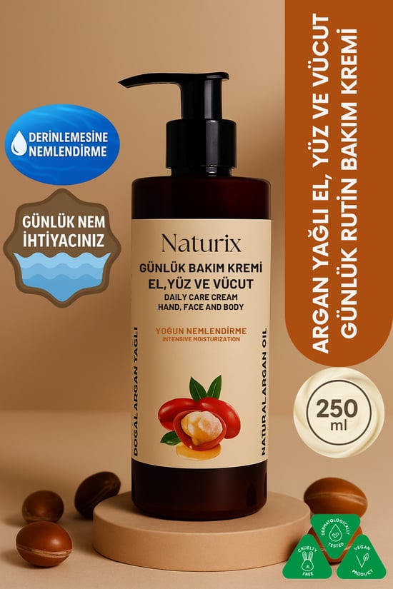 Naturix Argan Yağlı Günlük Bakım Kremi El Yüz Vücut Losyonu 250 ml