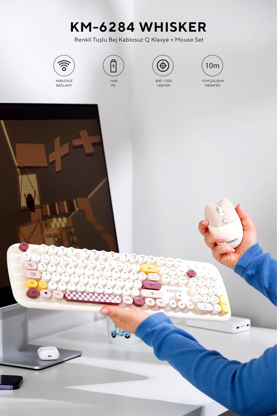 Everest KM-6284 WHISKER Renkli Tuşlu Bej Kablosuz Q Klavye + Mouse Set