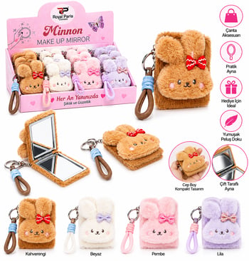 Peluş Figürlü Çift Taraflı Mini Makyaj Aynası – Anahtarlıklı Cep Aynası