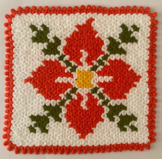 HERŞEY FIRSAT Banyo Lifi Yün El Örmesi Ceyizlik Kare  Çiçek Desenli-Turuncu