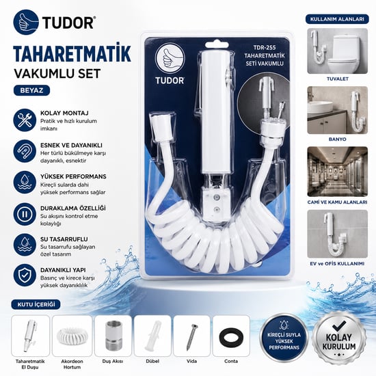 Tudor Tdr-255 ( Beyaz ) - ( Krom ) Taharatmatik Seti ( Taharatmetik El Duşu- Hortum - Mafsal ) ( Vakumlu Set )