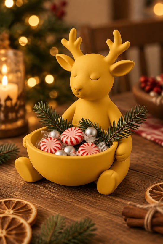 Ren Geyiği Figürlü Çok Amaçlı Kase – Noel Sunum Kabı Sarı