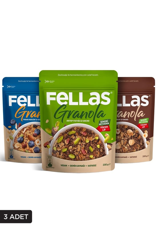 Fellas Granola 3'lü Mix Paket - Yaban Mersinli 200g + Fındık & Kakao 200g + Antep Fıstıklı 200g